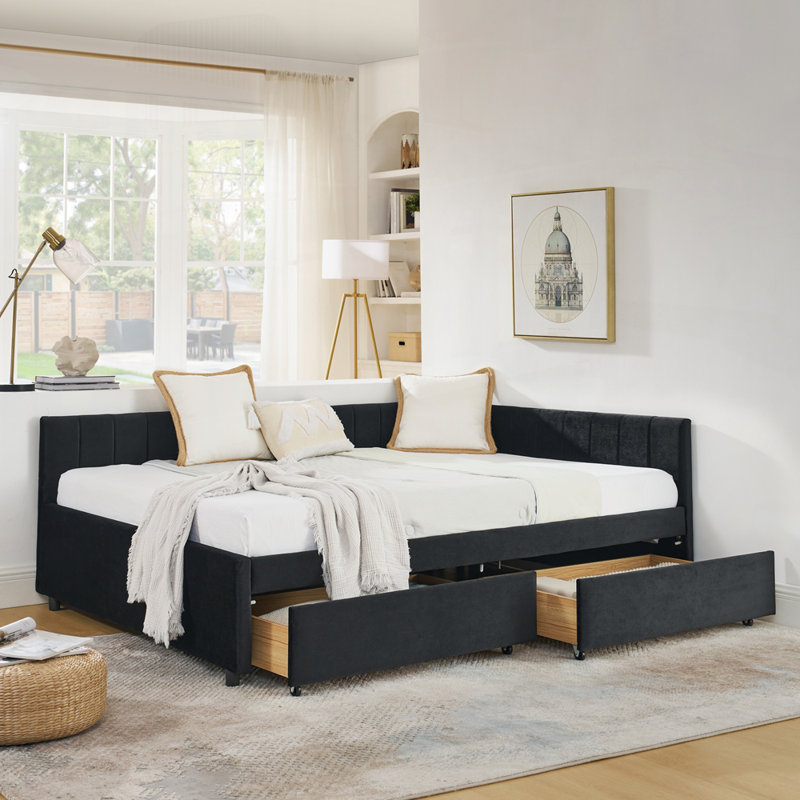 Structure de lit double capitonnée avec tiroirs, Black