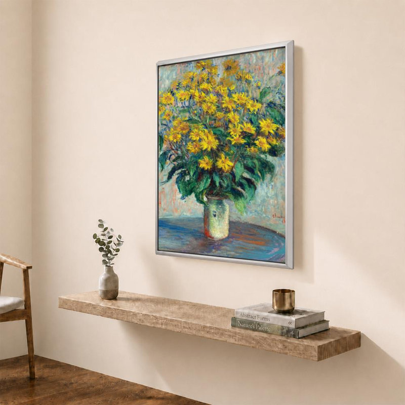 Fleurs d'artichaut par Claude Monet - Impression sur toile, 48" H x 36" W, Cadre flottant biseauté, Argent