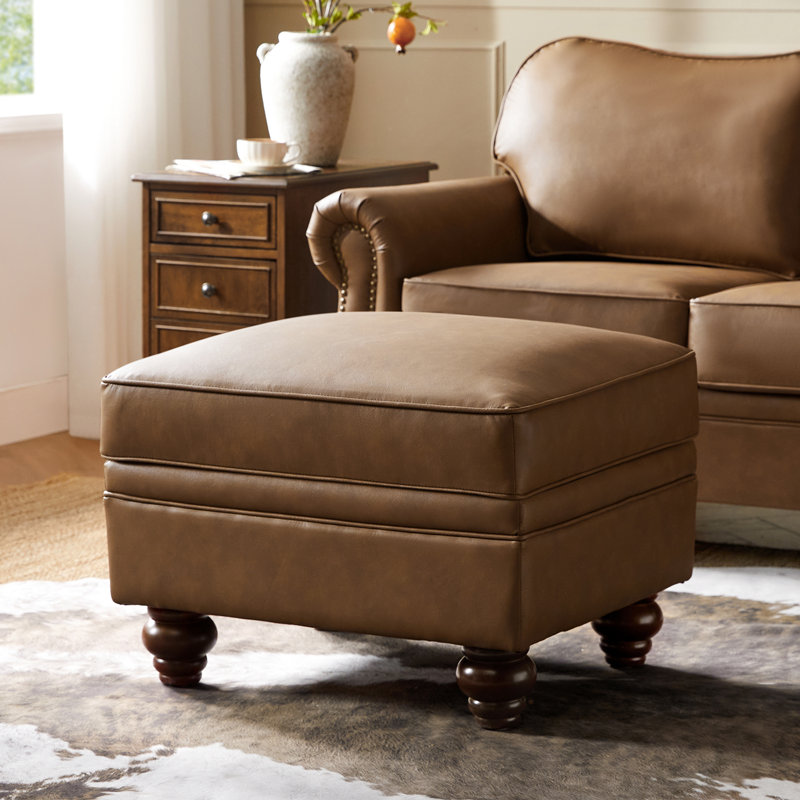 Djuana Transitional 27"W Lift-Top Leather Ottoman with Storage, Camel