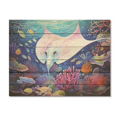 Manta Rays Drifters Landscape - Coastal Coral Under Water Wood Wall Art On Natural Pine Wood