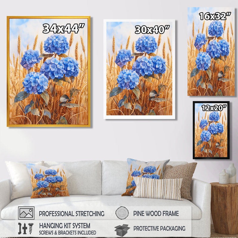 Paysage d'hortensias dans le champ de blé III - hydrangées grand art mural, H 32 po x l 16 po, Impression encadrée flottante