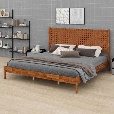 Lit plateforme minimaliste de style Mid-Century moderne, tête de lit en cuir végétalien tissé à la main