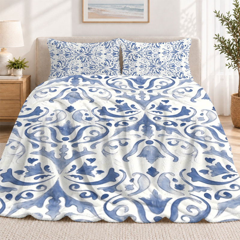 Premium Flannel Lightweight Blanket & 2 Pillow Shams Set with Blue Watercolor Floral Damask on White, Ultra-Soft & Warm Cozy Bedding Set for All-Season, 60" x 80" Blanket + 2 Pillowcases Anti-Pilling & Machine Washable(Set of 3)