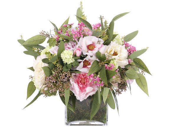 Pivoine rose, rose crème, cube en verre mousse, l 24 po x P 19 po