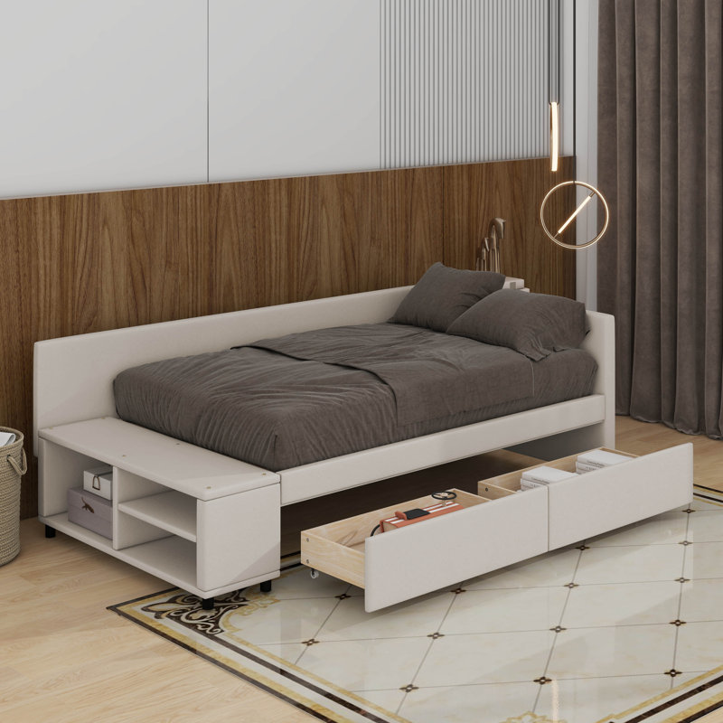 Lit plateforme simple tapissier en forme de L avec tiroirs, Beige