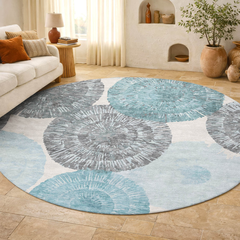 Premium Machine Washable Mayfield AMF2351 Abstract Rug, Teal, 8' Round
