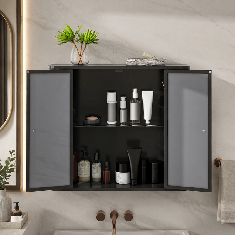Armoire de salle de bain murale armée verte avec miroir, 2 portes en miroir, tablette ouverte et cadre en métal pour un rangement efficace