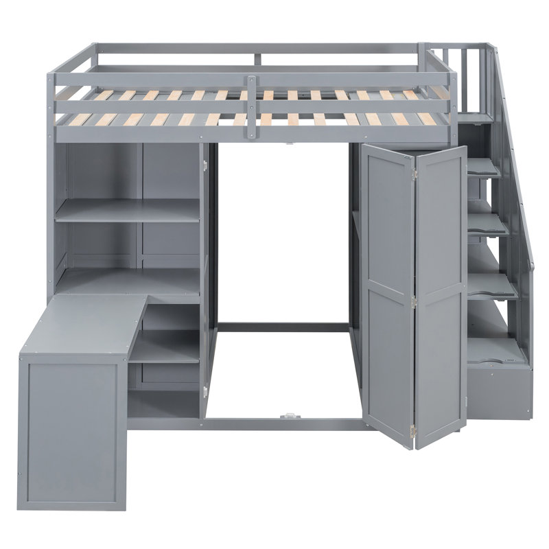 Lit superposé double avec bureau, garde-robe et tablettes, lit mezzanine peu encombrant pour enfants, Blanc