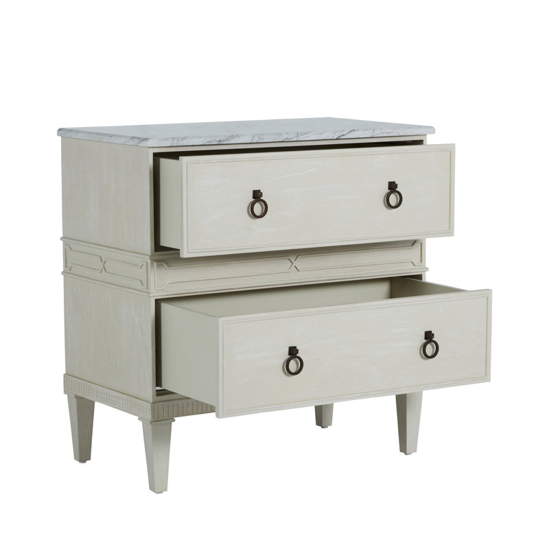 Archie 2 - Drawer Solid Wood Nightstand in Cerused White/Agros White Stone/Antique Bronze