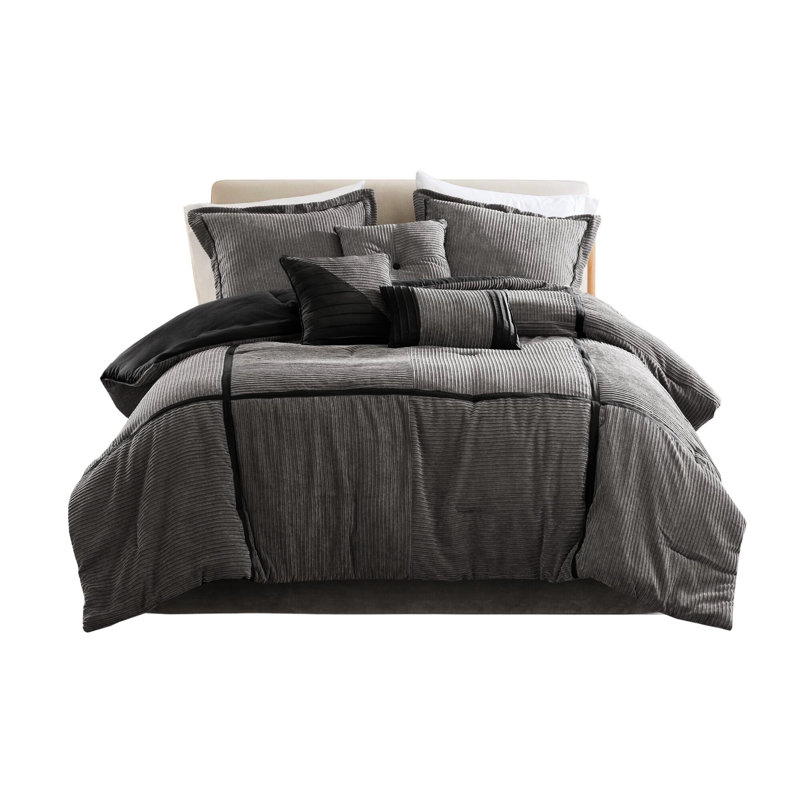 Édredon Corduroy gris grand - 100%, option de literie de luxe, 7 avec édredon, taies décoratives et coussins décoratifs, confort chaleureux en velours côtelé toute l'année, matériau, rehaussement de chambre à coucher élégant, assure