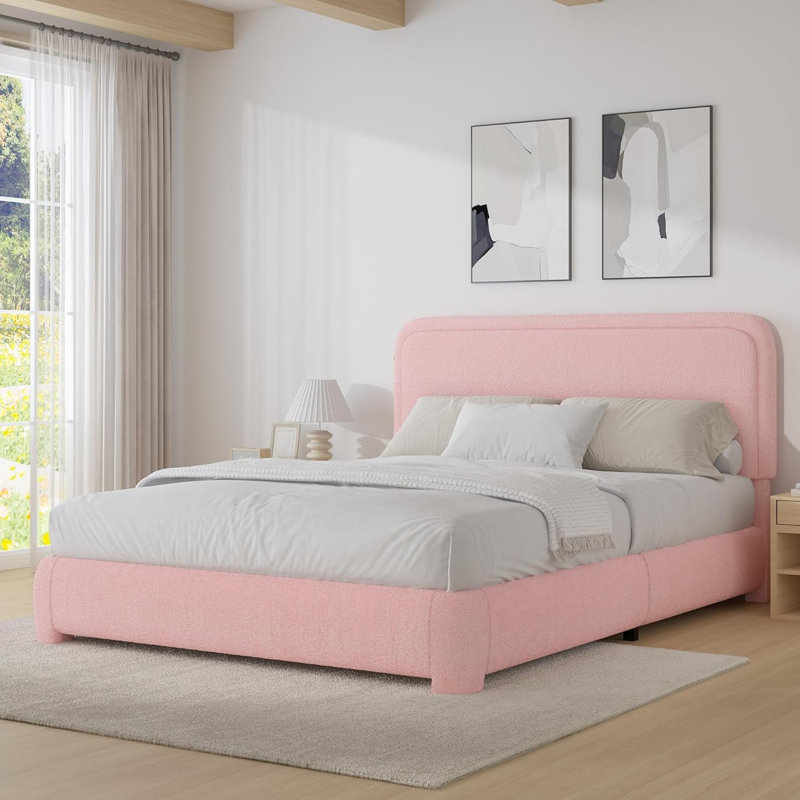 Lit plateforme tapissier Bensu Boucle, Lit double, Crème