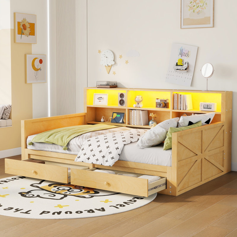 Extendable Daybed, Twin to Double Twin Daybed with Storage Headboard, Twin Daybed with Charging Station and Light, Natural