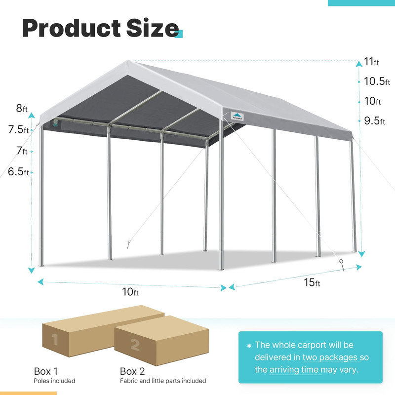 ADVANCE OUTDOOR 10 ft x 20 ft x 11 ft Car Canopy Garage Boat Shelter Gray Carports, Gray, 11'H x 10'W x 20'D
