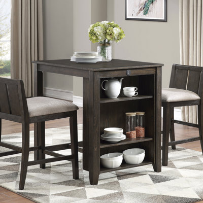 Ensemble 3 pièces à hauteur de comptoir de style transitionnel avec tablette, ports USB et chaises rembourrées en tissu pour un repas moderne