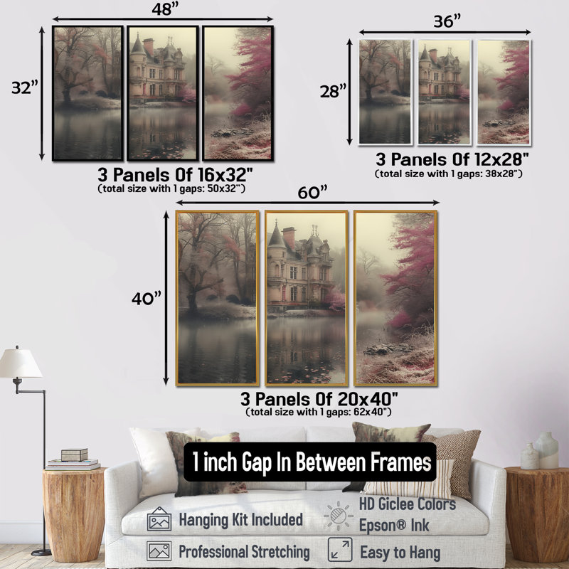 Soline - Chateaus Wall Art Print Set, Gold Floater Framed Canvas, 40" H x 60" W x 1" D
