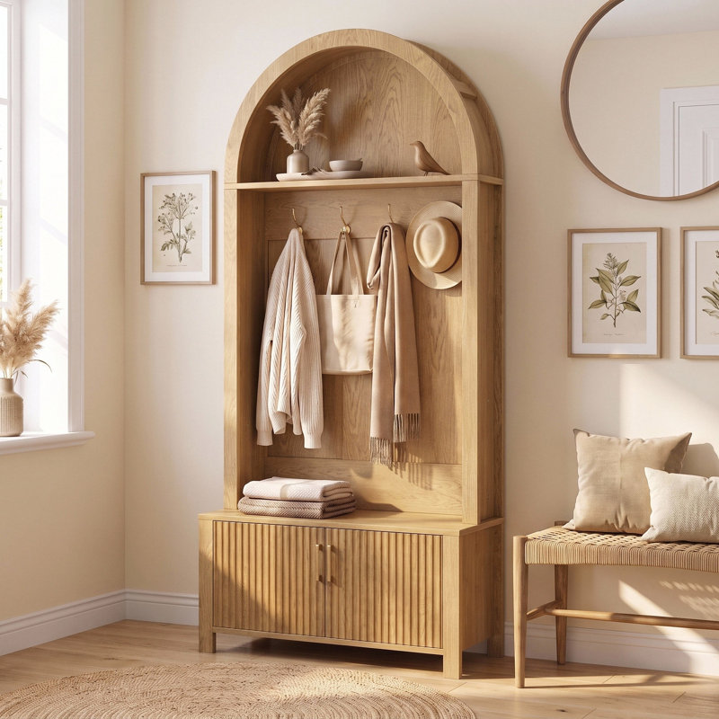 Arbre d'entrée 70,3 po avec banc et rangement pour chaussures, rangement pour vestibule avec 4 crochets et portes cannelées, naturel