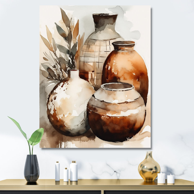 Vase en terre cuite brun et crème Kellerson, H 44 po x l 34 po, Toile tendue, Sans cadre