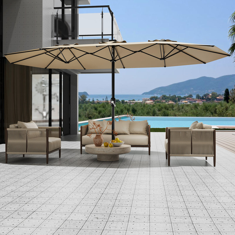 Parasol rectangulaire double face avec manivelle, toile résistante à l'eau et à la décoloration, Beige