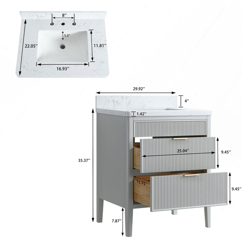 Ensemble de meuble-lavabo autoportant 30 po avec 2 ensembles de poignées et plateau en marbre d'ingénierie entièrement assemblé gris