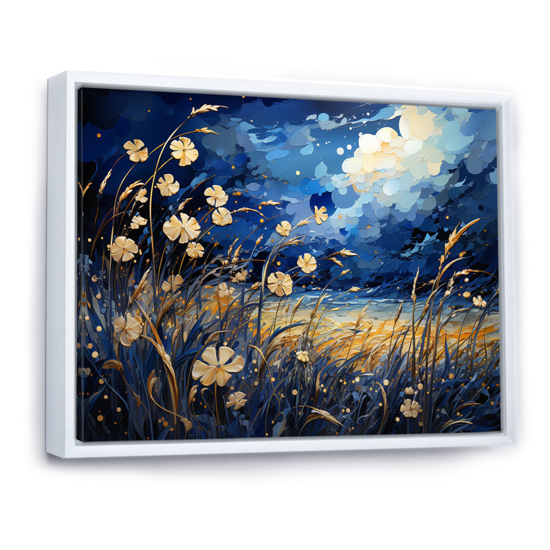 Coquelicots bleu marine - prairie, art mural, H 16 po x l 32 po x P 1 po, Cadre flottant blanc