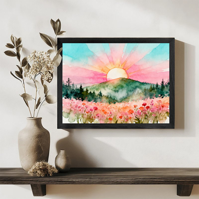 Reproduction d'art encadrée noire rétro de paysage primitif coloré, H 9 po x l 11 po