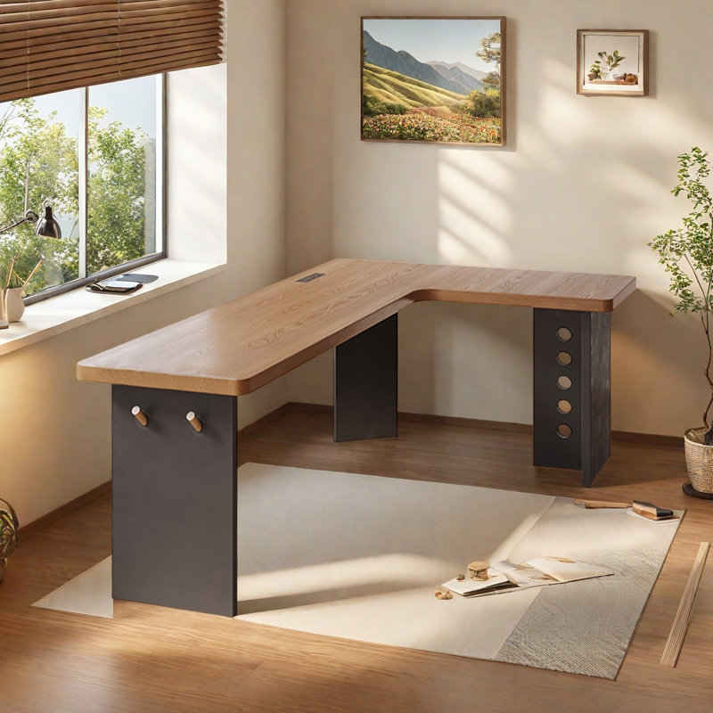 Bureau en L en bois massif avec base en métal, H 29,53 po x l 55,12 po x P 39,37 po
