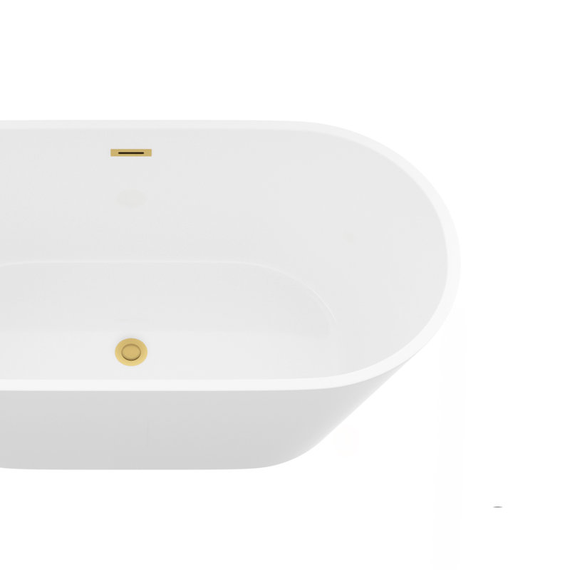 59" Acrylic Freestanding Bathtub, Stand Alone Soaking Tub, Gloss White Finish, Gold Overflow & Pop-Up Drain, Gold