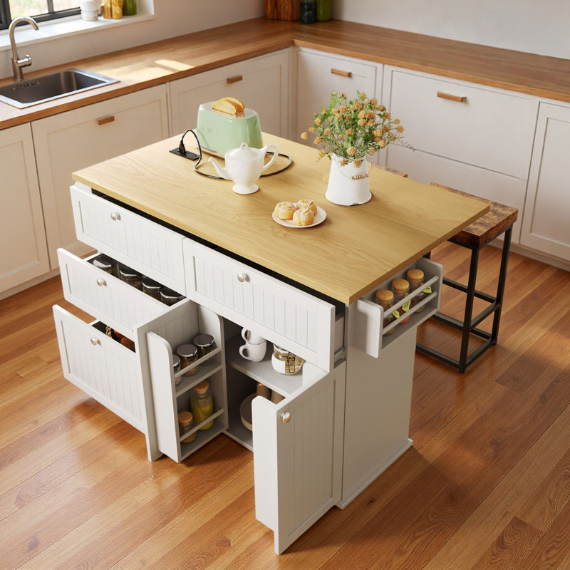 Farmhouse Kitchen Island With Drop Leaf, Storage Cabinet, Drawers, Door Shelves, Power Outlet And 2 Dining Stools