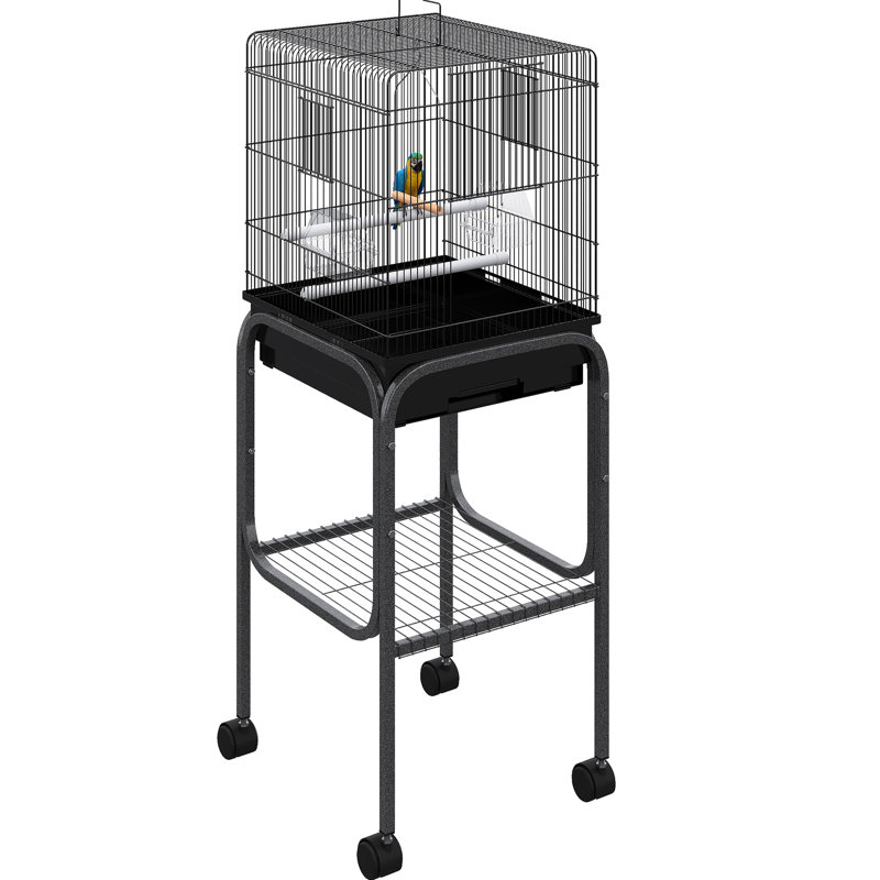 Cage à oiseaux en métal pour perroquets, noir - Volière spacieuse avec support amovible, espace de rangement et choix de perchoirs