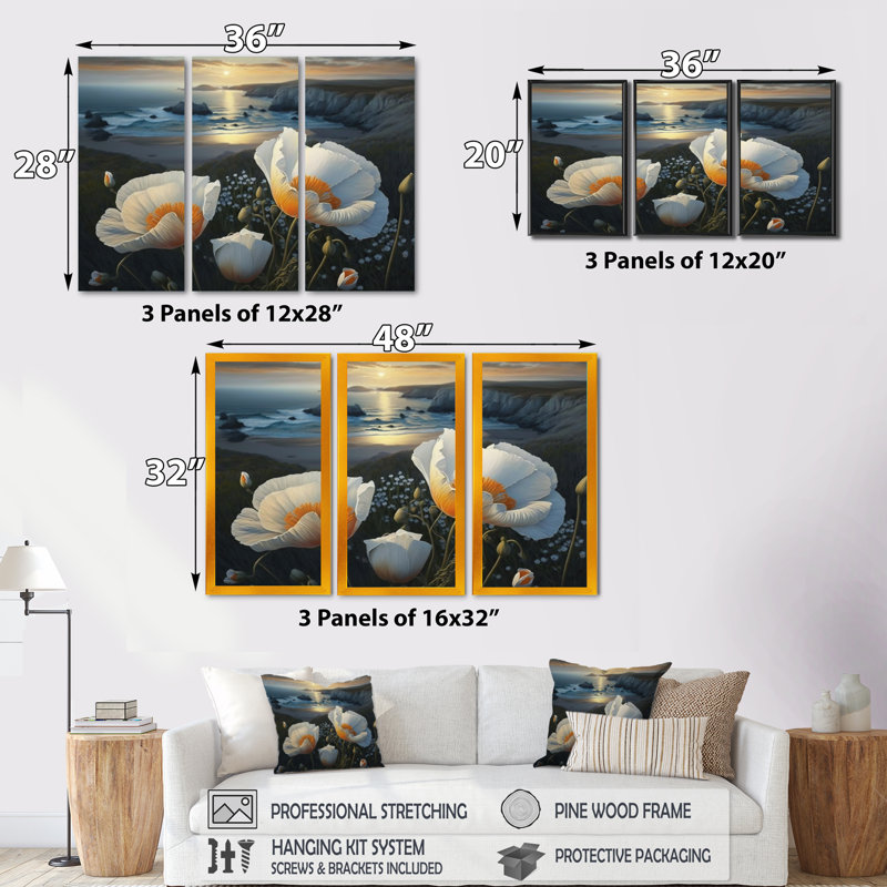 «White Flowers By The Coast III», reproduction sur toile 3 pièces, H 32 po x l 48 po x P 1 po, Toile tendue
