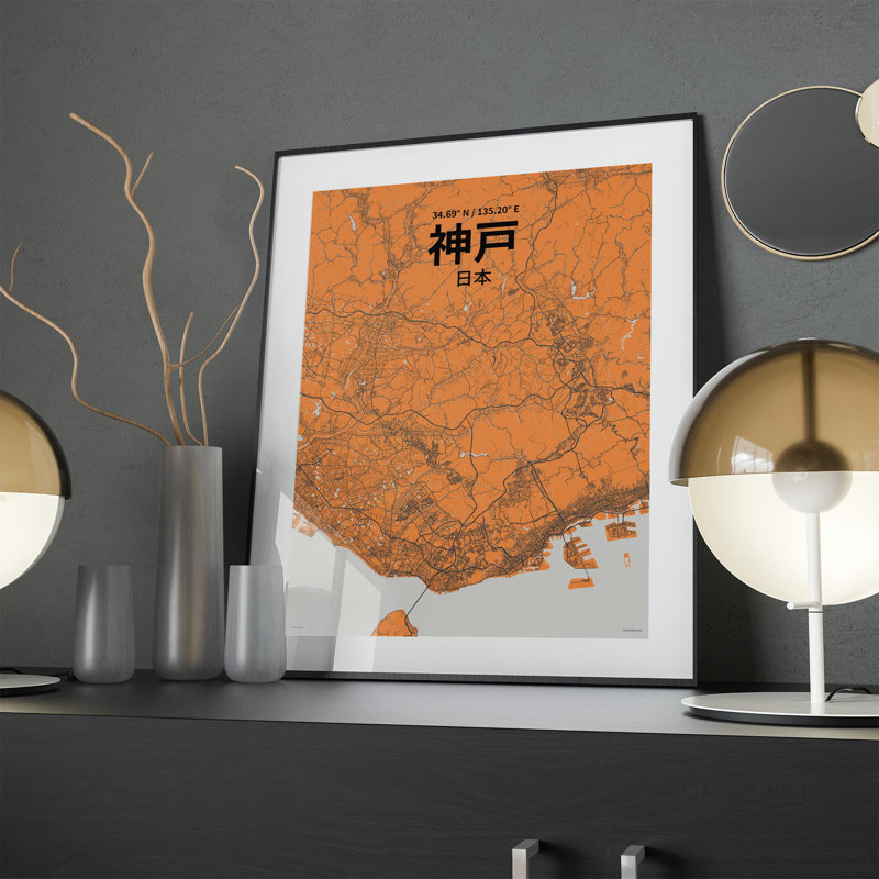 Kobe (japonais), impression de carte de la ville, H 24 po x l 18 po, Orange et gris