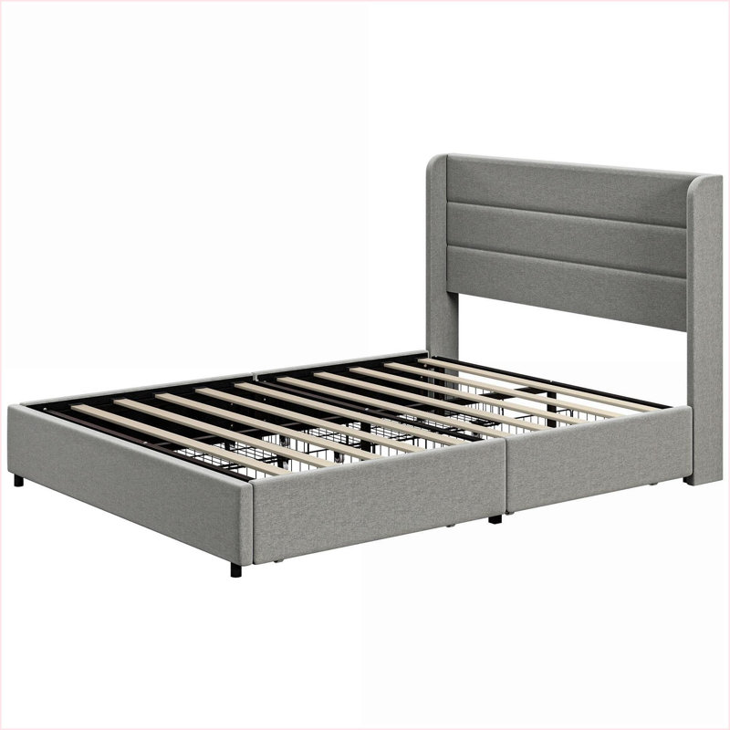 Structure de lit plateforme pleine grandeur avec tiroirs de rangement, structure en acier sans bruit, aucun sommier tapissier requis, gris clair pour la chambre à coucher