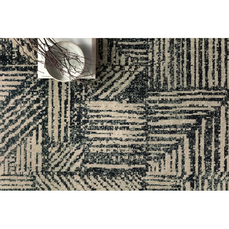 Tapis bleu à motif géométrique, Rectangle 9 pi 6 po x 12 pi 6 po