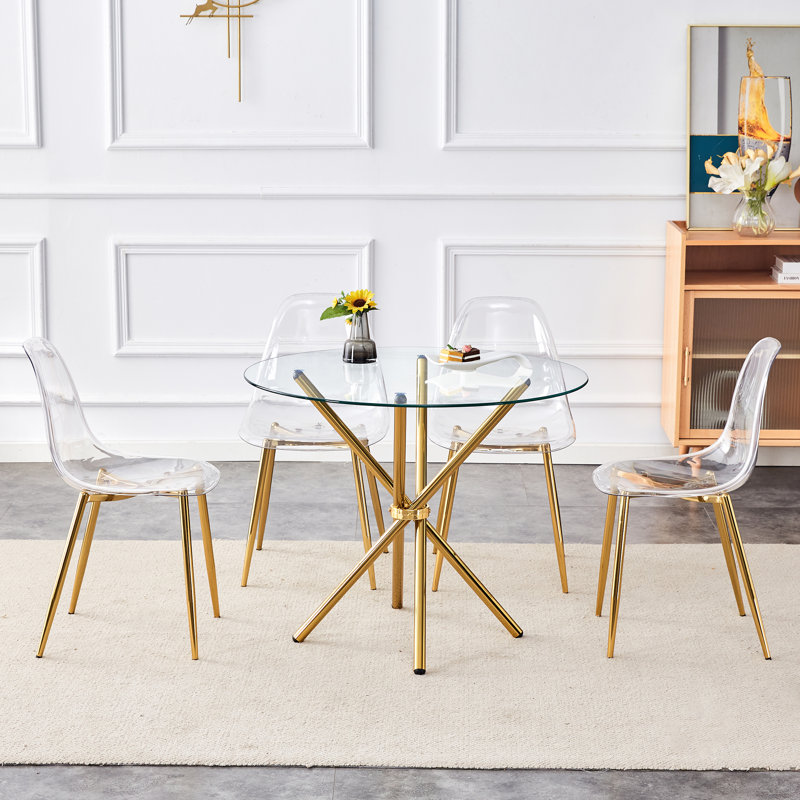 Ensemble de table de salle à manger ronde en verre avec 4 chaises transparentes, Doré