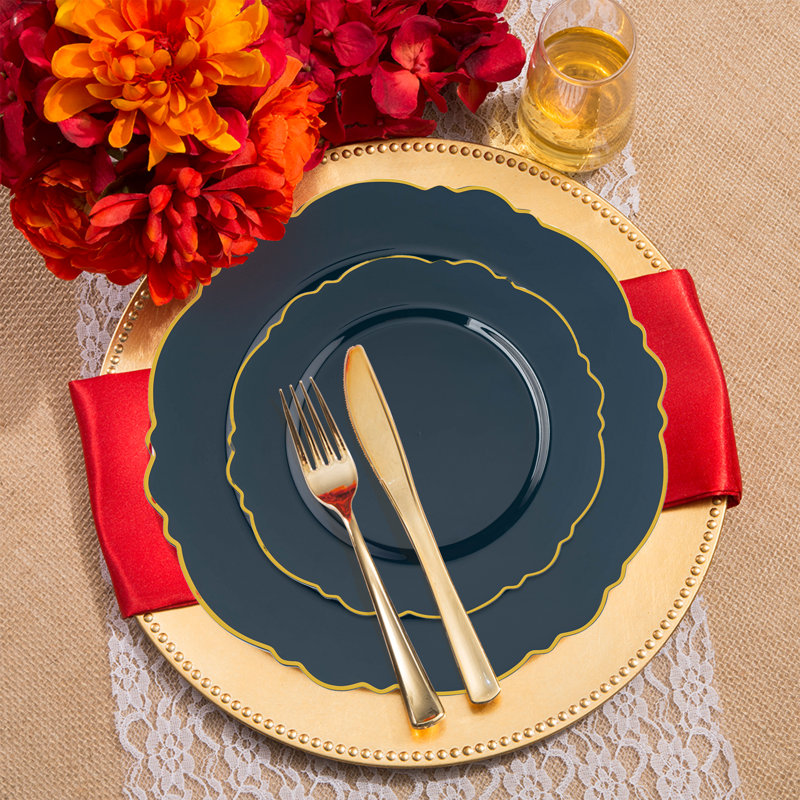Ensemble de 60 pièces en plastique jetable bleu marine à bordure dorée, motif floral rond - Valeur pour mariage