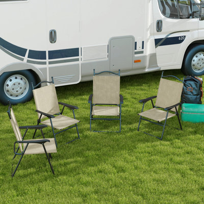 Chaises de patio pliantes, ensemble de 4 chaises de sport pour adultes, chaises de camping avec accoudoirs, siège en tissu maillé respirant pour la pelouse, beige