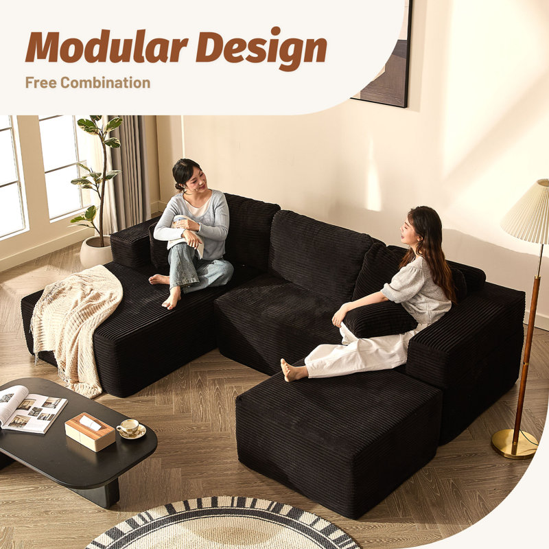 Modular Sofa for Living Room, L-Shaped Left Chaise, 272cm Foam Sofa System for Living Room, Corduroy,, BLack