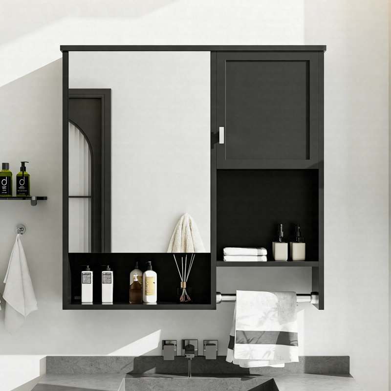 Armoire à pharmacie murale 29 po x 28 po avec miroir, rangement au-dessus de la toilette avec barre à serviettes, Noir