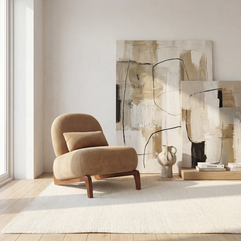 Méridienne Mid-Century moderne avec base traîneau, Coton sable beige