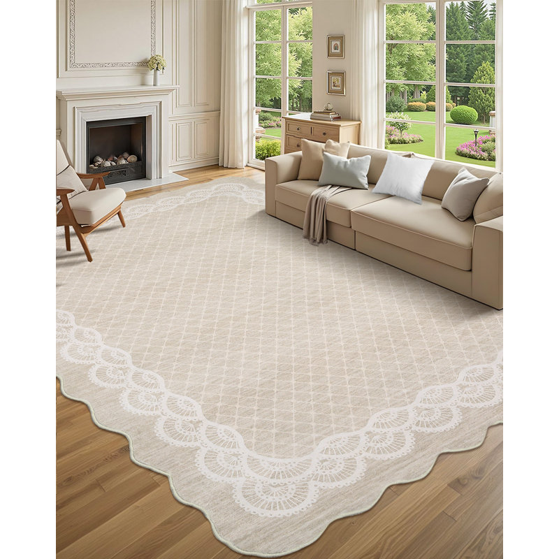 Machine Washable Scalloped Area Rugs Modern Bordered Floor Mats, Non-Slip Contemporary Accent Rug, Non Shedding Soft Low Pile Indoor Carpet for Living Room, Bedroom, Kitchen