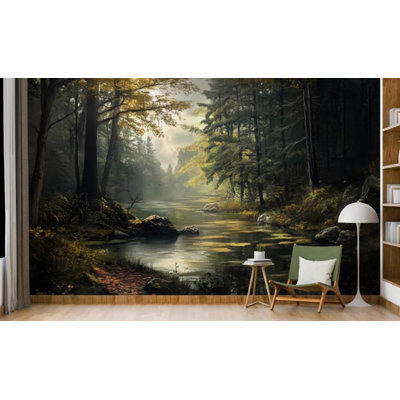 Autumn Forest River Misty Woodland Nature Scenic Wall Mural – Dark Green Landscape Panoramic Art Decor