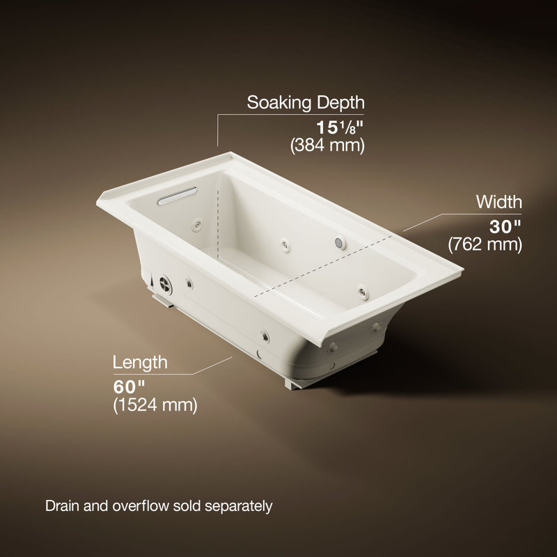 Archer 60-in X 30-in Integral Flange Whirlpool Heated Bubblemassage Air Bath with Right-hand Drain, Biscuit, Left