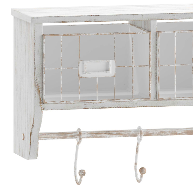 Thalha Wall Mounted Storage Rack with Upper Shelf, Wire Baskets, and Hooks, White Wash