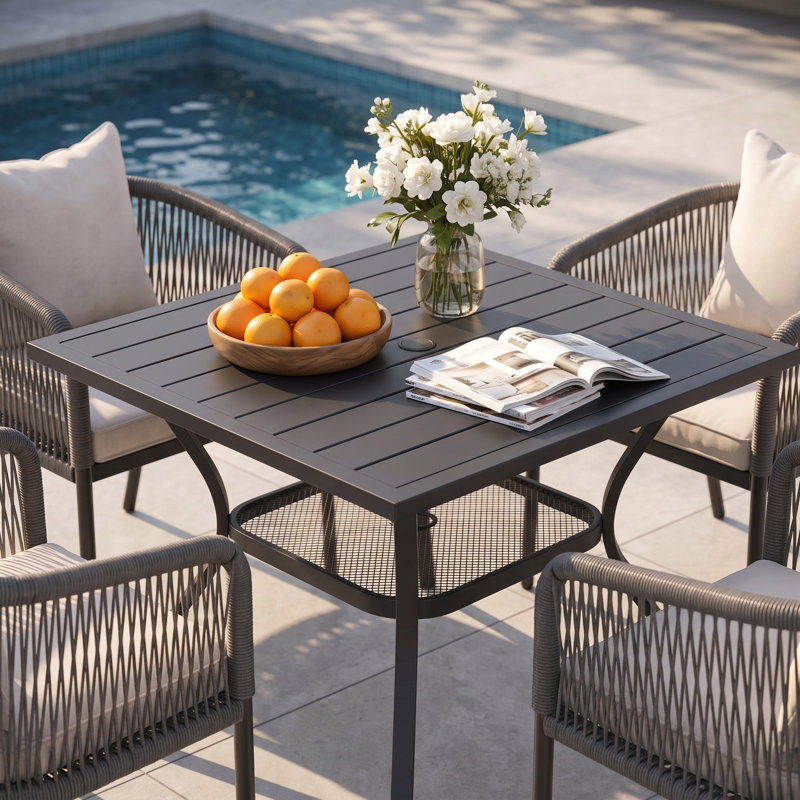 Ensemble repas d'extérieur carré pour 4 personnes Granborough avec chaises en rotin PE rembourrées, Black/Grey/Beige