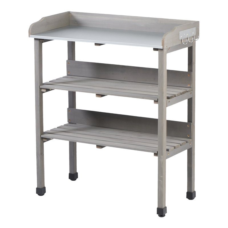 30.5L14.6W35.5H Metal - Topped Potting Table, 3 Tier Outdoor Work Bench For Garden, Solid Wood Garage Workstation, Design Storage And Workspace, Built In Hooks Small Items, Adjustable Feet Stability
