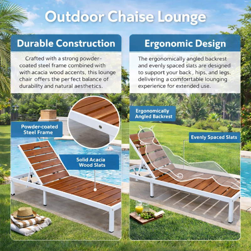 Outdoor Chaise With 6-Gear Adjustable Backrest, White/Brown