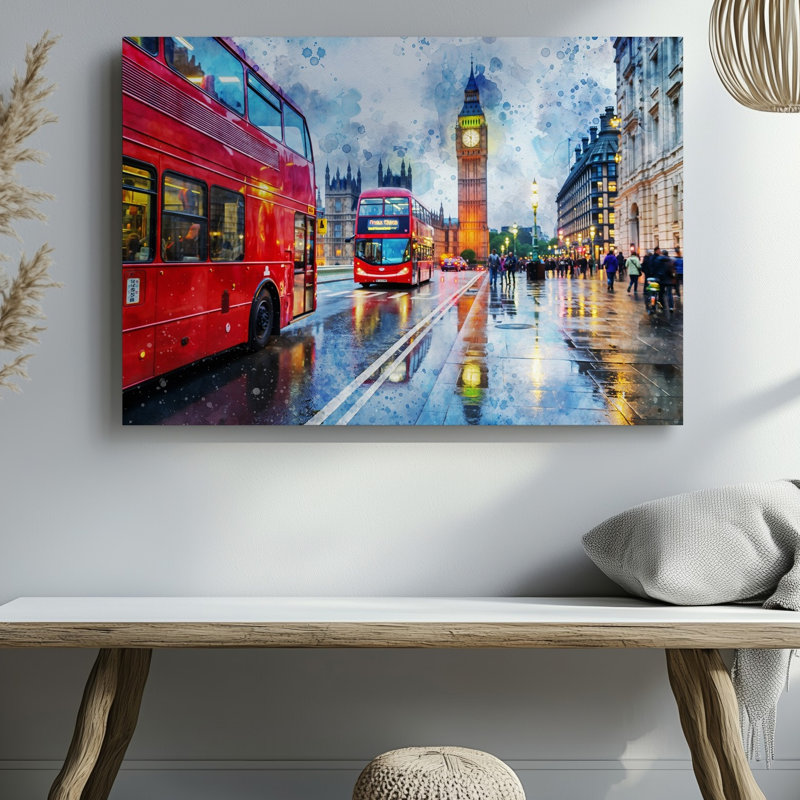 Toile «A Vibrant City Scene In London» avec deux bus rouges emblématiques de l'art mural rouge placés au premier plan, art mural reflétant sur toile