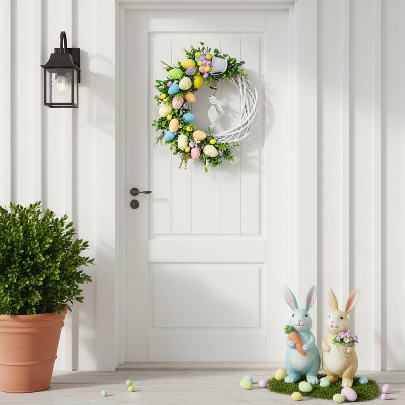 Couronne de Pâques 15,75 pouces pour porte d'entrée, décoration de printemps et de Pâques, couronnes de verdure artificielles résistantes aux intempéries pour une utilisation intérieure / extérieure