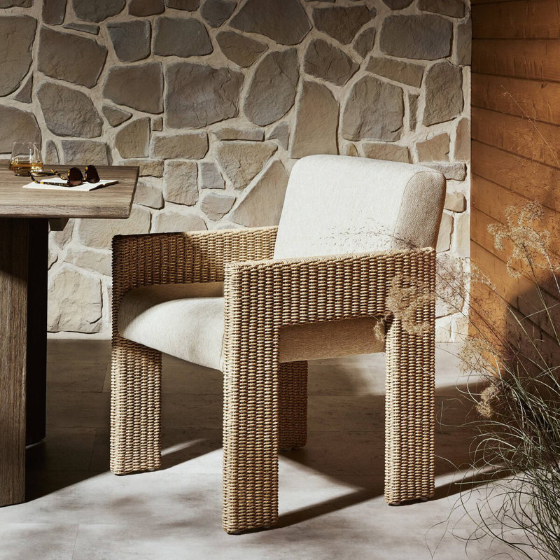Amur Outdoor Dining Armchair, Cream Performance Olefin, Natural Wicker