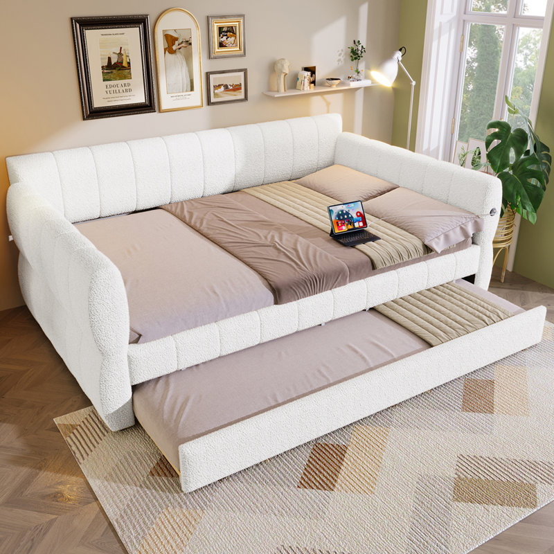 Queen Size Upholstered Platform Bed with USB and Trundle, Gray